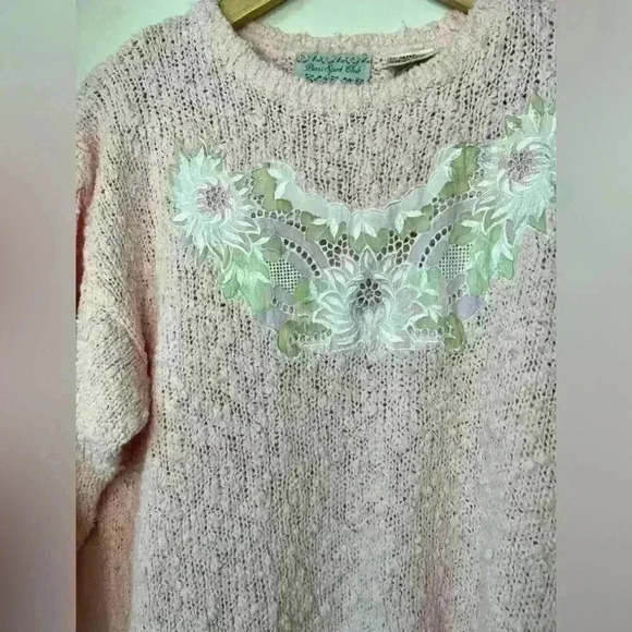 Vintage Paris Sports Club Prep Light Pink Knit Floral Embroidered Sweater Small - Picture 10 of 11